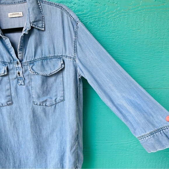 ZARA WOMAN LYOCELL LINEN CHAMBRAY DENIM TUNIC TOP FRAYED HEM SIZE MEDIUM - Picture 3 of 5